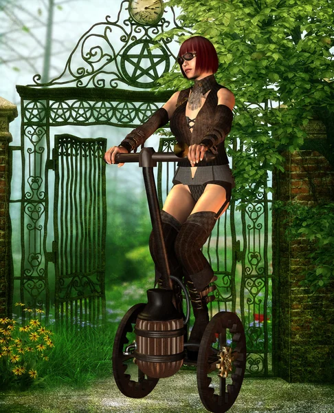 Steampunk vehicle with a woman — Stock Photo, Image