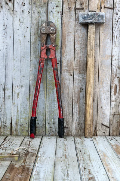 Construction hardware tools on wood board background — Stock Photo, Image