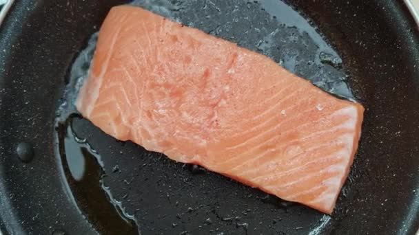 Grilled Salmon Fish Pan Flaming Grill Fish Steak Close — стоковое видео