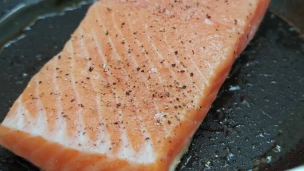 Ikan Salmon Panggang Pada Pan Flaming Grill Ikan Steak Tutup — Stok Video