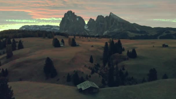 Aerial Flight Alpe Siusi Italian Dolomites Beautiful Summer Sunrise — Video Stock