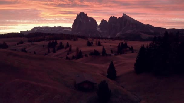 Aerial Flight Alpe Siusi Italian Dolomites Beautiful Summer Sunrise — Vídeo de Stock