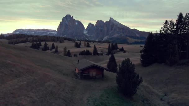 Aerial Flight Alpe Siusi Italian Dolomites Beautiful Summer Sunrise — Vídeos de Stock