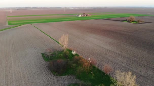 Luchtvlucht Abandoned Ranch Flat Agricultural Velden Zonnige Voorjaarsavond Heldere Lucht — Stockvideo