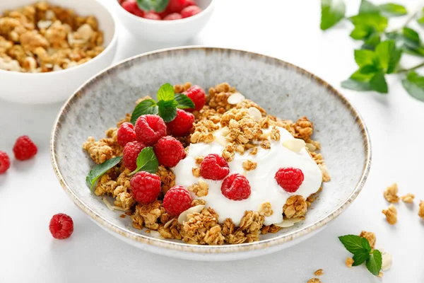 Beyaz Yoğurtlu Granola Taze Ahududu Kasede Kahvaltıda Sağlıklı Yemek — Stok fotoğraf