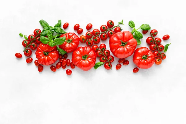 Tomatoes Basil White Background Top View Flat Lay — Stock Photo, Image