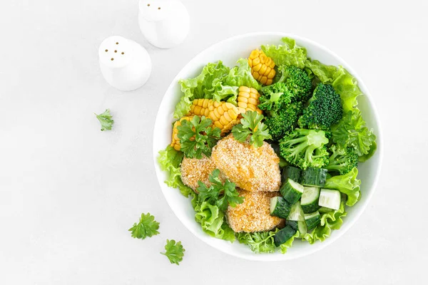 Chicken Nuggets Broccoli Corn Cucumbers Salad Lettuce Top View — Photo