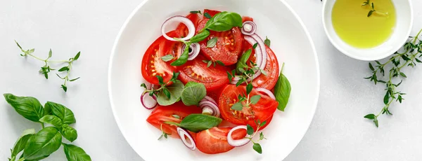 Salad Red Ripe Tomatoes Basil Olive Oil Top View Banner — Φωτογραφία Αρχείου