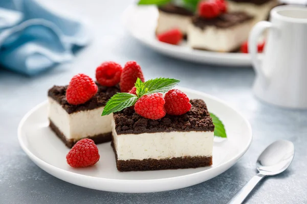 Bolo Cubo Chocolate Cheesecake Brownie Fatiado Com Framboesa Fresca — Fotografia de Stock