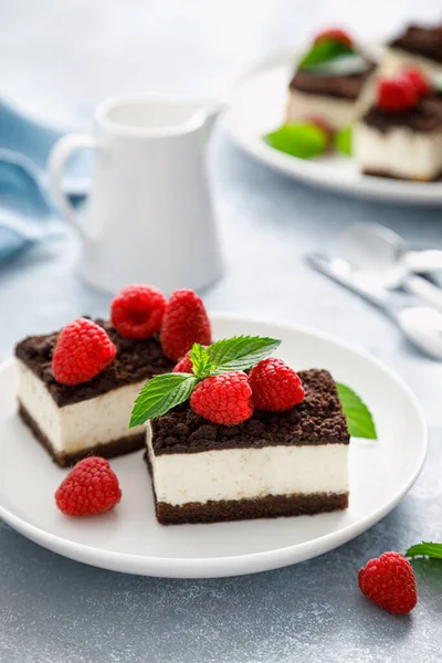 Schokoladenwürfelkuchen Geschnittener Brownie Käsekuchen Mit Frischen Himbeeren — Stockfoto