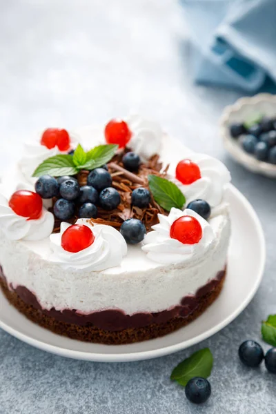 Gâteau Chocolat Gâteau Fromage Blanc Décoré Bleuets Cerise Chocolat Brun — Photo