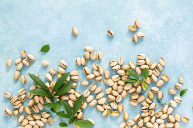 Çam fıstığı. Yeşil yapraklı çam fıstığı. Sağlıklı doğal vejetaryen organik gıdalar. Üst görünüm, alanı kopyala