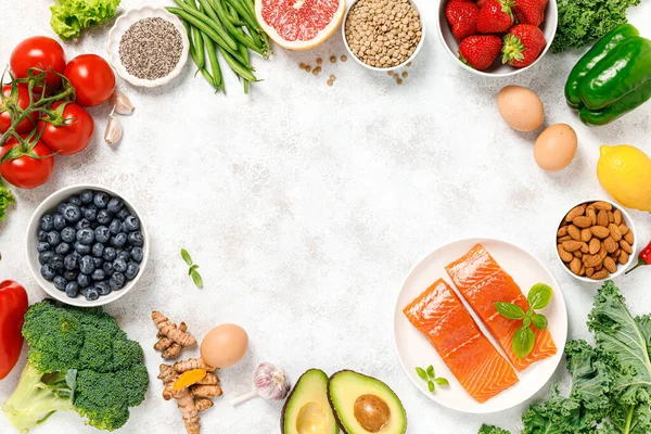 Comida Saudável Comida Saudável Salmão Fruta Legumes Baga Superalimento — Fotografia de Stock