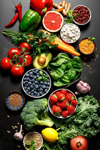Zdrowe Jedzenie Zdrowe Środowisko Żywieniowe Owoce Warzywa Jagody Wegetariańskie Jedzenie — Zdjęcie stockowe