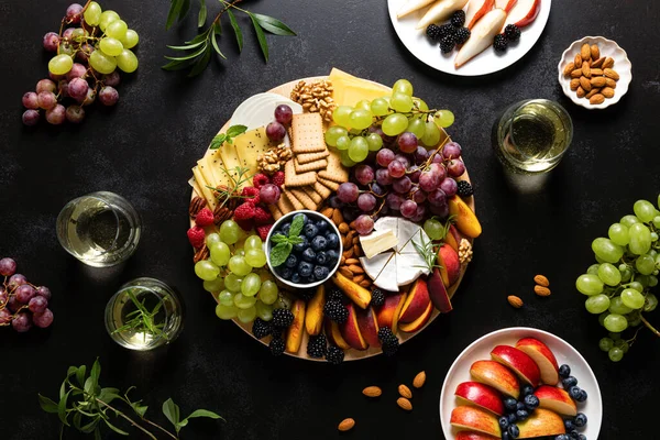 Autumn Cheese Board Fresh Fruits Berries Served White Wine Top — Stock Photo, Image