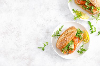 Tuzlu somon, roka ve salatalıklı sandviç. Kahvaltıda. Üst görünüm
