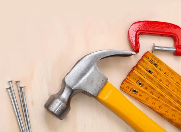 Hammer Nails Ruler Clamp Wood Copy Space — Stock Photo, Image