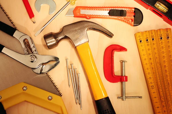 Herramientas Trabajo Variadas Sobre Madera — Foto de Stock