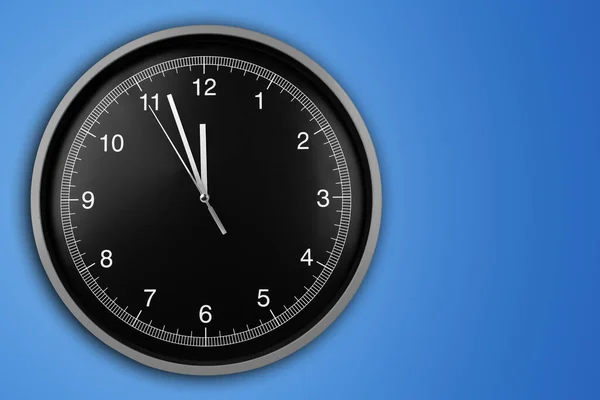 Wall clock showing twelve o\'clock on blue background.
