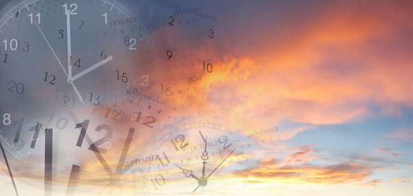 Clocks and calendars in bright sky. Time passing