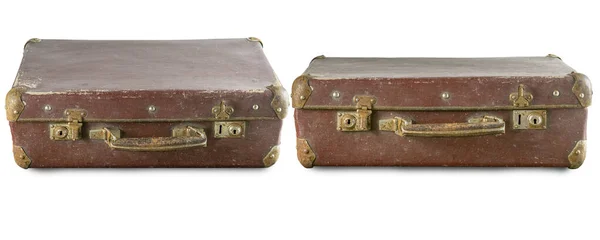 Dva Staré Staré Hnědé Kožené Kufry Izolované Bílém Pozadí — Stock fotografie