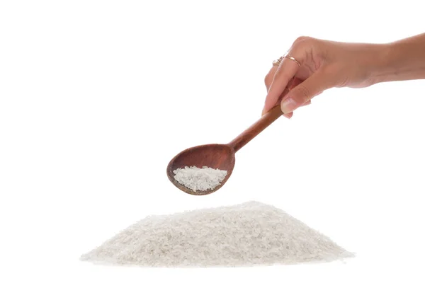 Ein Mädchen Löffelt Einen Weißen Reis Feige Auf Weißem Hintergrund — Stockfoto