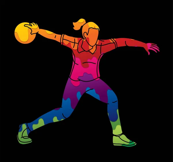 Jugadora Bolos Deporte Bowler Acción Dibujos Animados Vector Gráfico — Vector de stock