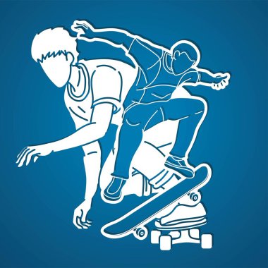 Kaykay Oynayan İnsanlar Grubu Ekstrem Spor Eylemi Çizgi Film Vektörü