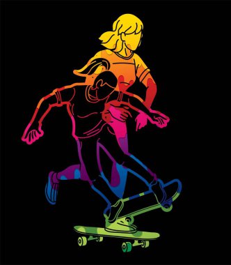 Kaykay Oynayan İnsanlar Grubu Ekstrem Spor Eylemi Çizgi Film Vektörü