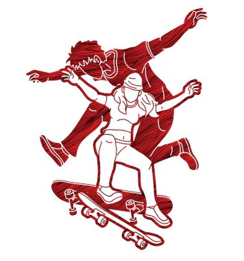 Kaykay Oynayan İnsanlar Grubu Ekstrem Spor Eylemi Çizgi Film Vektörü