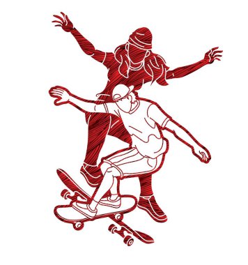 Kaykay Oynayan İnsanlar Grubu Ekstrem Spor Eylemi Çizgi Film Vektörü