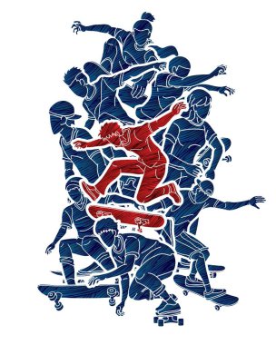 Kaykay Oynayan İnsanlar Grubu Ekstrem Spor Eylemi Çizgi Film Vektörü