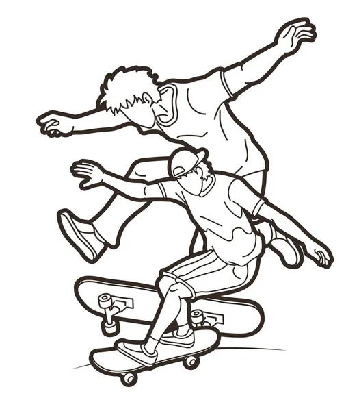 Grupo Personas Jugando Skateboard Extreme Sport Acción Dibujos Animados Vector — Archivo Imágenes Vectoriales