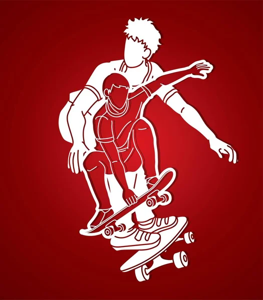 Groep Van Mensen Die Skateboard Extreme Sport Action Cartoon Graphic — Stockvector