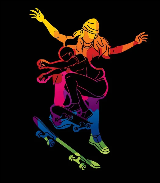 Grupo Personas Jugando Skateboard Extreme Sport Acción Dibujos Animados Vector — Archivo Imágenes Vectoriales