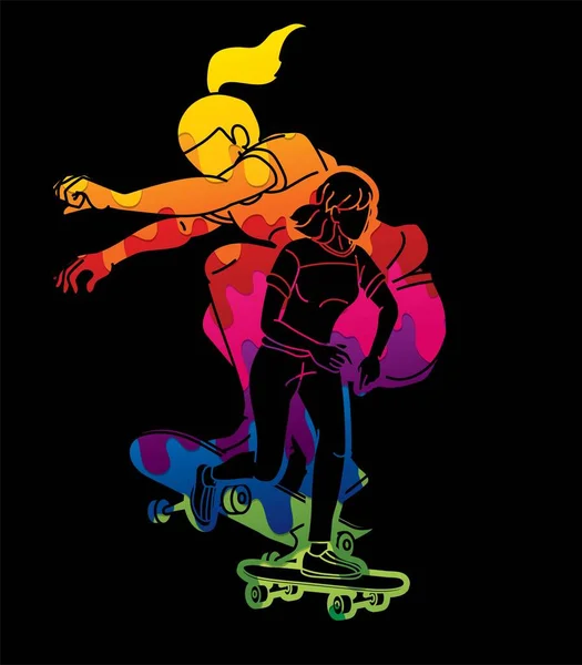 Groep Van Mensen Die Skateboard Extreme Sport Action Cartoon Graphic — Stockvector