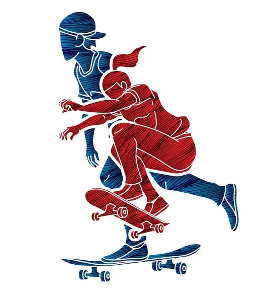 人々のグループスケートボードエクストリームスポーツアクション漫画グラフィックベクトルをプレイ — ストックベクタ