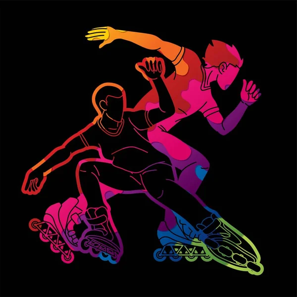 Groep Rolschaatsen Spelers Extreme Sport Actie Cartoon Grafische Vector — Stockvector