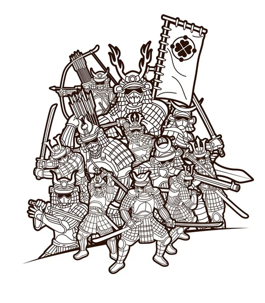 Gruppo Samurai Guerrieri Con Arma Combattente Giapponese Ronin Cartoon Graphic — Vettoriale Stock
