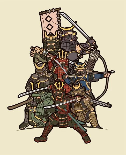 Grupo Samurai Guerrero Con Arma Japonés Combate Ronin Cartoon Vector — Vector de stock