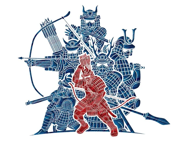 Skupina Samurajských Bojovníků Zbraní Japonská Stíhačka Ronin Cartoon Grafický Vektor — Stockový vektor