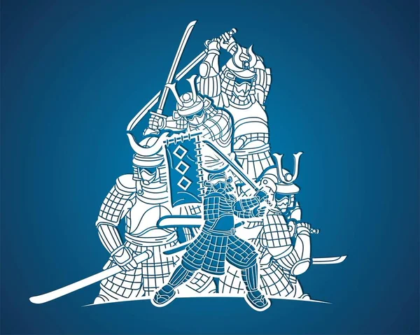Groep Van Samurai Warrior Weapon Japanese Fighter Ronin Cartoon Graphic — Stockvector