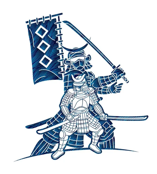 Grupo Samurai Guerrero Con Arma Japonés Combate Ronin Cartoon Vector — Vector de stock