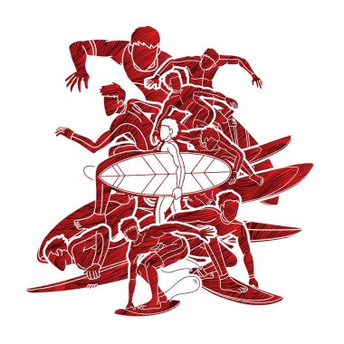 Sörfçü Eylem Grubu Spor Oyuncuları Çizgi Filmi Grafik Vektörü