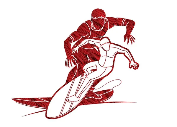 Skupina Surfař Akční Surfování Sportovní Hráči Karikatura Grafický Vektor — Stockový vektor