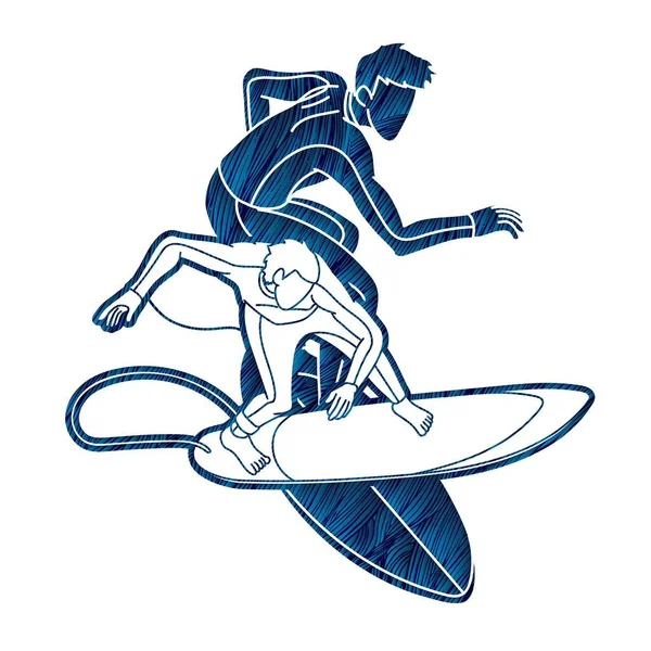 Skupina Surfař Akční Surfování Sportovní Hráči Karikatura Grafický Vektor — Stockový vektor