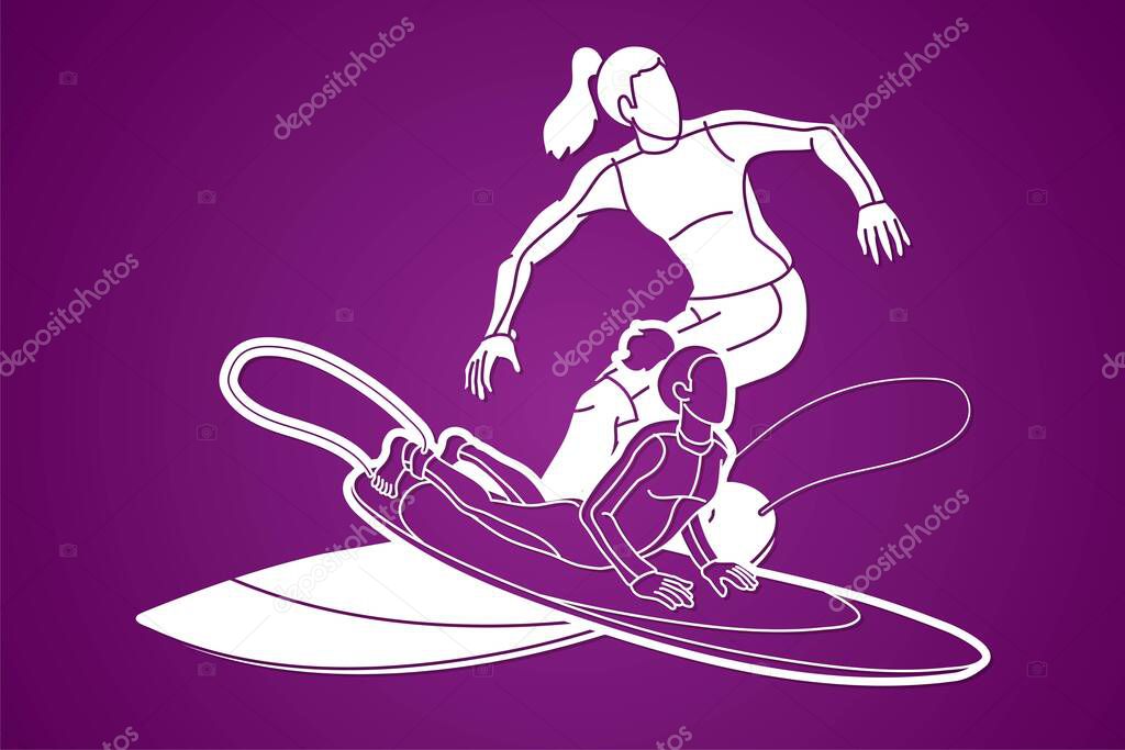 Group of Surfer Action Surfing Sport Players Cartoon Graphic Vector