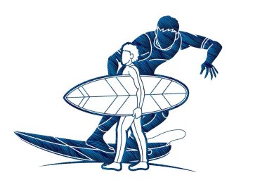 Sörfçü Eylem Grubu Spor Oyuncuları Çizgi Filmi Grafik Vektörü