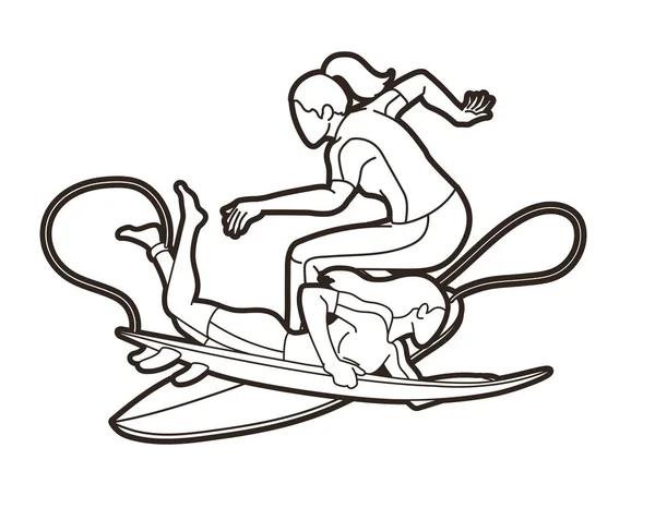 Grupo Surfistas Acción Surf Jugadores Deportivos Dibujos Animados Vector Gráfico — Archivo Imágenes Vectoriales