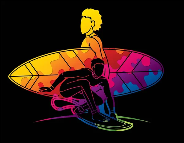 Группа Серферов Action Surfing Sport Игроки Мультфильм Графический Вектор — стоковый вектор